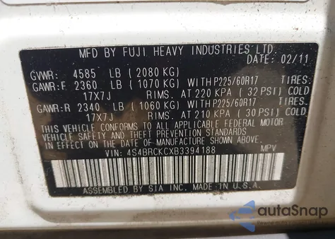 2011 Subaru Outback 2.5I Limited from USA, damaged, VIN 4S4BRCKCXB3394188